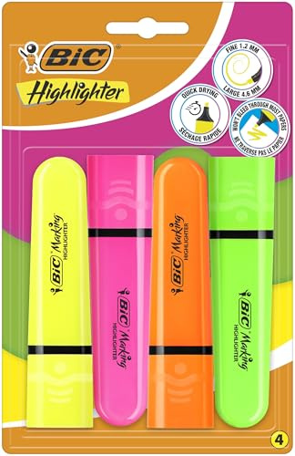 BIC Marking Flat Higlighter Highlighters Set of 4, 4 Colours (Yellow, Orange, Pink, Green), Water-Based, Quick Dry Ink