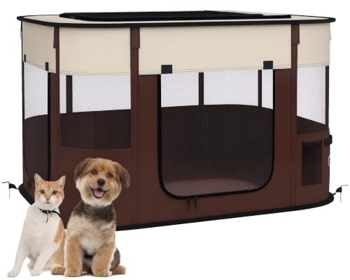 PawHut Portable Dog Pen for Puppies, Rabbits, Kittens, Guinea Pigs - Brown | Portable Foldable Dog Cat Playpen, Soft Pet Cage, Storage Bag, for Kittens, Guinea Pigs