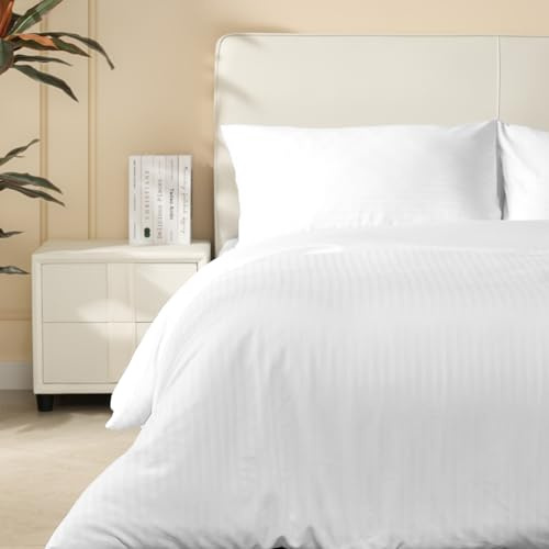 Good Nite King Duvet Cover Polyester Striped Satin Duvet Cover Set Duvet Sets with 2 Pillowcases Skin Friendly and Soft Machine Washable (White, King 230 * 220cm)
