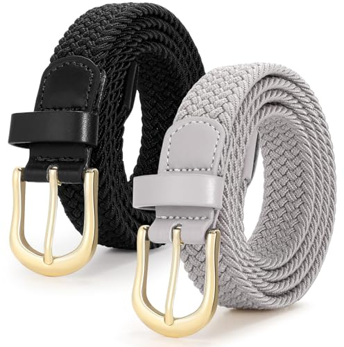 VONMELLI 2 Packungen taillengürtel damen stretchgürtel damen Herren, flechtgürtel damen Verstellbarer Elastischer Stoffgürtel für Unisex 2.5cm Länge 90 cm bis 120 cm Schwarz+Grau L