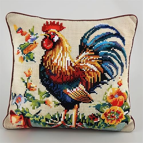 Coussin Point de Croix Gros Trou Coq Coussin à Broder Fait Main 45X45cm Coussin Brodé avec Fil et Aiguille à Broder Décoration Point de Croix Complet Broderie Pré-imprimé DIY pour Adulte la Cha