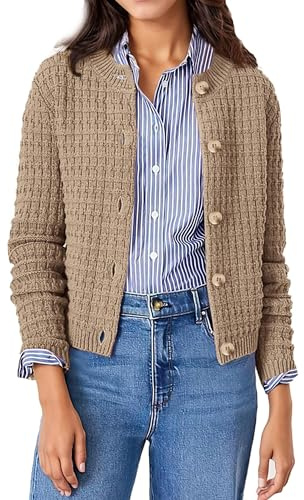 Jhsnjnr Maglione da donna cardigan aperto sul davanti con girocollo a maniche lunghe in maglia grezza con bottoni giacca corta in maglieria, cachi, XL