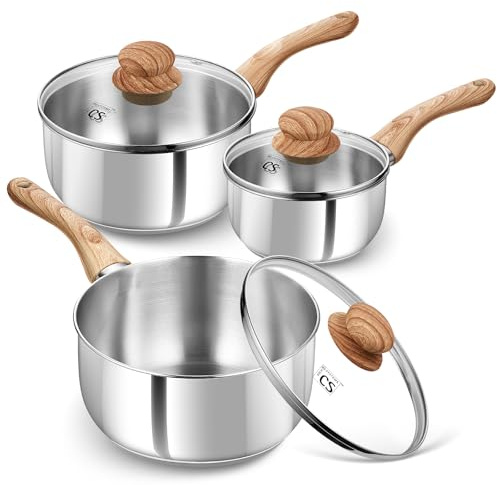 KOCH SYSTEME CS Stainless Steel Saucepan Set, 6 Piece Stainless Steel Pot 1QT & 2QT & 3QT with Heat-resistant Bakelite Handle, Tri-ply Base Pots, Sauce Pan Induction Ready, Pot Set 6PCS