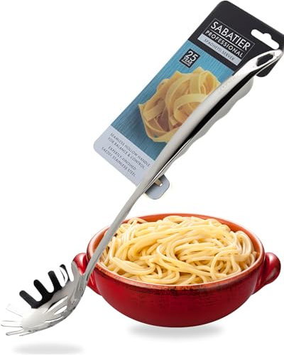 Sabatier Professional Large Metal Spaghetti Server Ladle - Mirror Polished Stainless Steel Fork Spoon to Measure, Drain & Serve Pasta. Strong Construction. 25 Year Guarantee, Dishwasher Safe