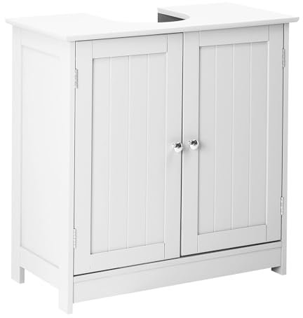 Armario blanco para debajo del fregadero con estantes ajustables de 2 niveles y puertas dobles, mueble de tocador independiente para almacenamiento de lavabo