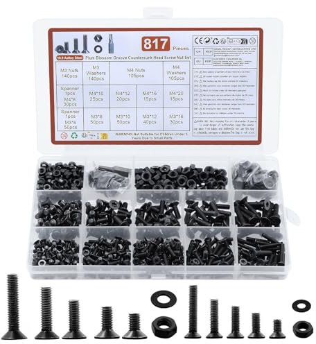 817 Stk M3 M4 Schrauben Set, Torx Senkkopfschrauben Muttern Set, Senkkopf Maschinenschrauben Sortiment, Torx Flachkopfschrauben mit Muttern, Gewindeschrauben mit Unterlegscheiben Set(M3 M4, Schwarz)