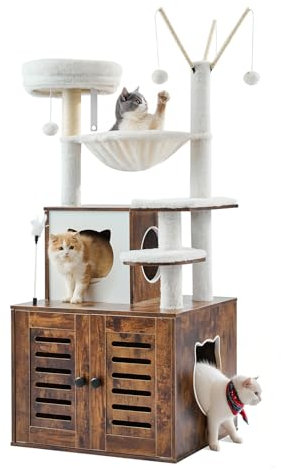 VEVOR Large Cat Tree with Litter Box Enclosure, 54.33 inches Tall, 2-in-1 Cat Tower, Multi-level Cat Condo Furniture with Perches, Sisal Scratching Posts, Hammock, Big Kittens House for Indoor Cats