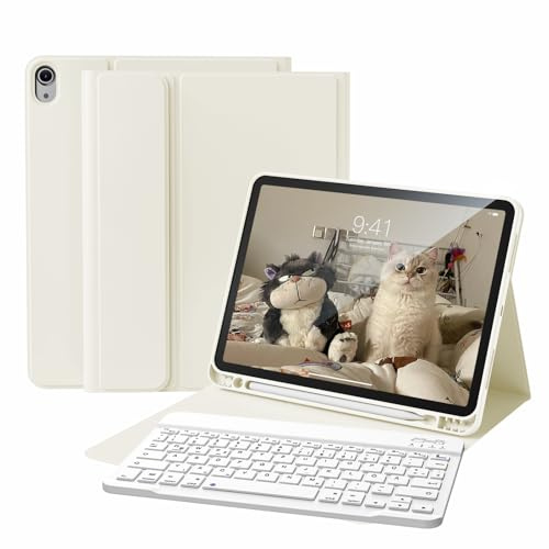 KVTVOU Hülle mit Tastatur für iPad A16 11. Gen, iPad 10. Gen, Cremeweiß | Magnetische Bluetooth-QWERTZ-Tastatur für iPad 11 2025 / iPad 10 2022, TPU Stoßschutz Hülle mit Stifthalter, Auto Wake/Sleep