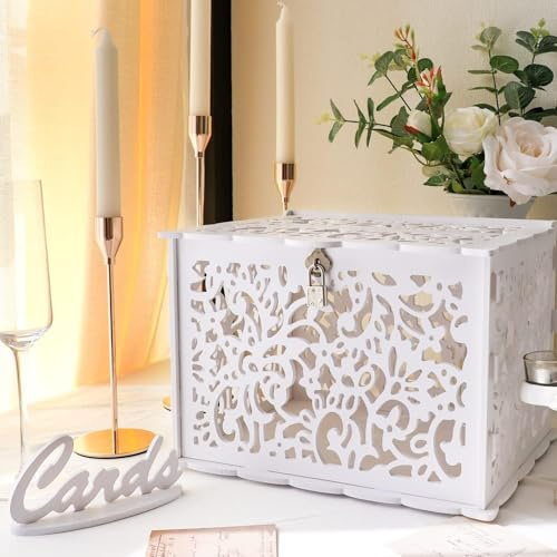 AerWo White Wedding Card Box with Lock and Sign, PVC Hollow Envelope Money Gift Box with Slot, Wedding Decorations for Reception Anniversary Baby Shower Graduation Party