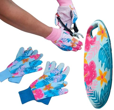 Garden Mile Garden Kneeler Triple Pack Cotton Grip Garden Gloves Lightweight with Handles Multi-Use Indoor Outdoor Durable Gardening Protection Mothers Day (Tropicana triple pack gloves and Kneeler)