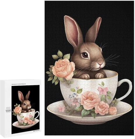 Puzzles for Adults 1000 Pieces - Cute Bunny in A Teacup Funny Puzzles Educational Games Gift for Birthday Christmas Halloween