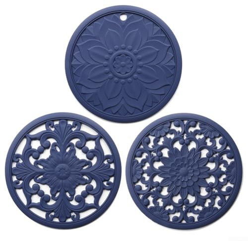 Lot de 3 dessous de verre antidérapants en silicone résistant aux températures pour casseroles et plats (bleu)