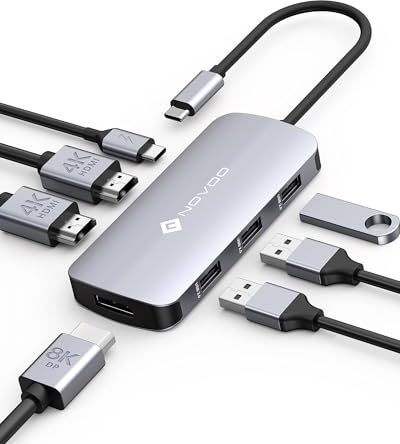 NOVOO Hub UBS C 7 en 1, estación de Acoplamiento Doble Monitor Triple Pantalla 7 Puertos Docking Station a 2 HDMI 4K, 3 Puertos USB, Displayport 8K, 100W PD para HP,Microsoft,Lenovo, DELL, Macbook