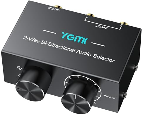 2-Way, 3.5mm&RCA L/R Bi-Directional Stereo Audio Switcher, L/R stereo cable | YGiTK Audio Switch Selector Box with OFF Button for Speaker Headphones Amplifiers CD Player Turntable Computer Laptop