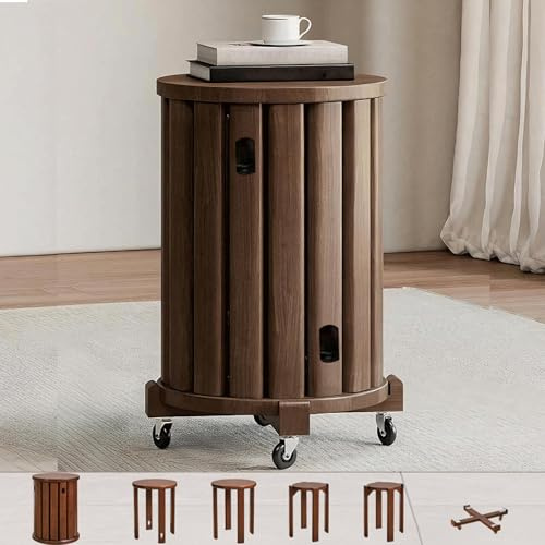Stackable Solid Wood Stool Set of 4, 18-Inch Nesting Stools with Locking Casters, Anti-Slip Pads, No Assembly Required, Space-Saving Design for Dining Room, Living Room, Kitchen, Bedroom (Walnut)