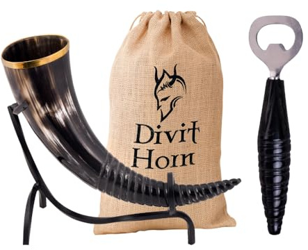 Divit Echtes Wikinger-Trinkhorn mit Eisenständer | Authentisches mittelalterliches Biertrinkhorn | Messingverzierungen & Leinen-Geschenkbeutel inklusive (Swirl Horn + Swirl Horn Opener)
