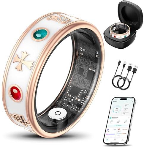 Smart Ring for Women,Fitness & Activity Tracker with Blood Pressure/Heart Rate Monitor, Sleep Tracker, Step Counter, IP68 Waterproof Ring for iOS&Android,Fast Charge,No Subscription (Rose Gold,Size8）