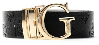 Guess Ceinture pour femme avec logo G, cuir noir avec motif en relief, boucle dorée, réversible, N£oir/lilas, S