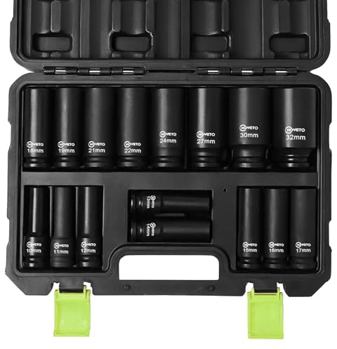 16PCS 1/2 Drive Deep Impact Socket Set 10-32mm, for Spark Plugs & Studs | Deep Socket Set for Professionals & DIY, Cr-Mo Steel with Case, Reaches Recessed Fasteners & Long Threads, Fits Impact Wrench
