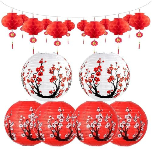 Brxmpn Decoración De Año Nuevo Chino, Faroles De Papel Y Faroles Rojos, Faroles Decorativos Colgantes De Flor De Ciruelo para Hogar Y Restaurante del Año Nuevo Chino