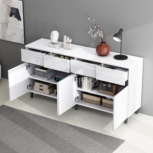 Credenza lucida 160 x 40 x 68 cm, cassettiera, cassettiera con 4 cassetti, 2 ante e ripiani regolabili in altezza, mobiletti ad angolo, armadi, bianco