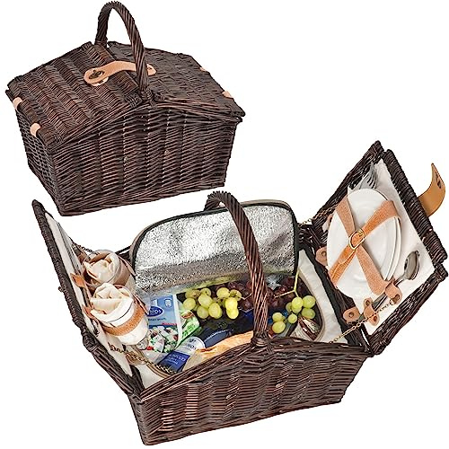 Picknickkorb aus Weidengeflecht für 2 Personen mit Porzellangeschirr, Kunststoffgläsern und Kühlfach Outdoor Urlaub