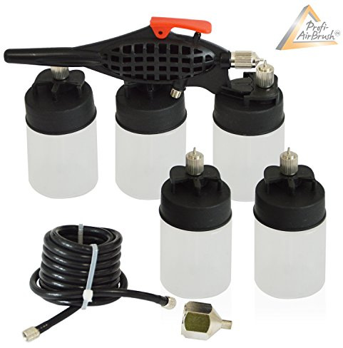 AMUR Airbrush-Pistole für Airbrush Kompressor Set Basic Airbrush Body Art mit 5 Farbbehältern - Kosmetikbereich, Make Up, Sunless Tanning, Nail Design, Tattoo, Airbrushpistole optimal