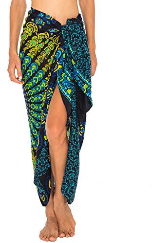 SHU-SHI Sarong Wraps för kvinnor lång strand täcker pareo baddräkt omlottkjol mandala sarong coverup, Svart gul, one size