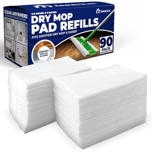 Iconikal Dry Mop Pad Refills (90-Pack) | Fits Swiffer Dry Sweeping Cloths for Dirt, Dust, Hair | Use for Swiffer Pads Refill | Unscented, Disposable Mop Pads for Sweeping, Mopping, Dusting, 11.5 x 8