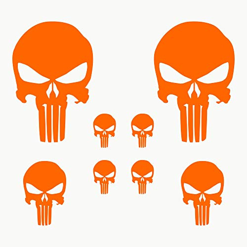Autodomy Pegatinas Calaveras Pack de 8 Unidades | Vinilo Adhesivo Coche el Castigador | Pegatinas Coche Exterior | Vinilo Calavera Derretido | Adhesivos para Moto y Casco (Naranja)