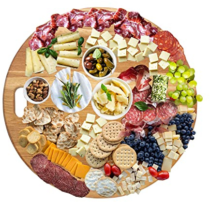 LUX Oak Wood Diameter 19 inches Oversized Charcuterie Board | extra Large Cheese Board | Serving Board With Handle for Serving Cheeses, Meats, Crackers | Unique Gift Round Kitchen Cutting Board
