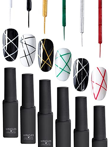 6x Gel Nail Liner Polish Pen UV LED Malerei Gelpoliermittel Set für 3D Nail Art DIY Nageldesign Pull Line Pen Nagelzeichnung, Nagellack für Salon, Schwarz/Weiß/Rot/Grün/Gold/Silber