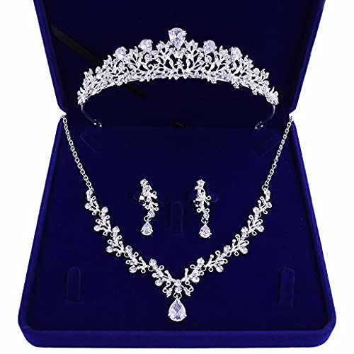 PHILSP Bride Silver/Gold Necklace Earrings Crown Set Crystal Bridal Wedding Jewelry Sets Zircon Choker Tiara,for Women Silver