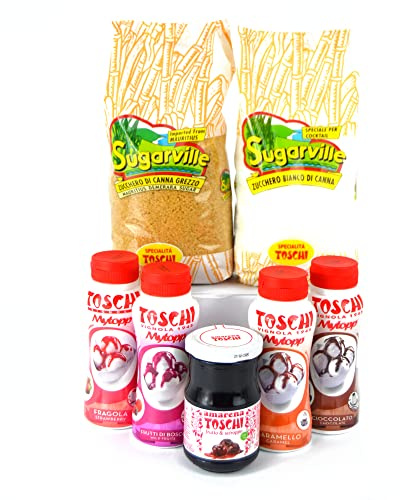 PZ 1 BARATTOLO 250 GR DI AMARENE + 4 TOPPING MISTI GUSTI FRAGOLA, FRUTTI DI BOSCO, CARAMELLO E CIOCCOLATO + 1 BUSTA DI ZUCCHERO GREZZO + 1 BUSTA DI ZUCCHERO DI CANNA