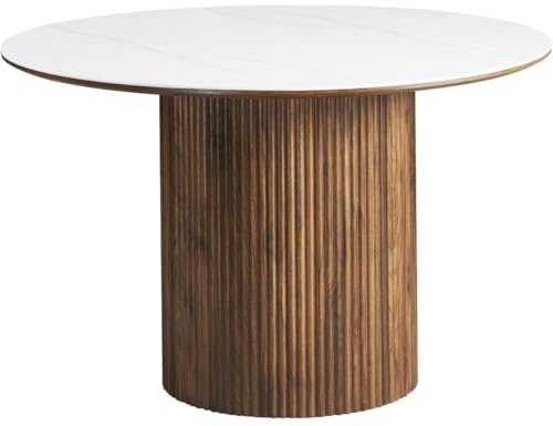 HOMIFAB Table à Manger Ronde Plateau en céramique Effet marbre et Noyer 6 Personnes Ø120 cm - Mira
