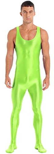inlzdz Herren Ganzkörper Overall Ärmellos Einteiler Jumpsuit Bodysuit Gymnastikanzug Slim Fit Sportbody Männer Glossy Unterhemd Catsuit Clubwear Fluorescent XL