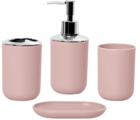 Hosoncovy 4 Pieces Bathroom Accessory Set with Soap Dispenser, Bathroom Cup, Soap Dish ，Toothbrush and Toothpaste Holder (Pink)