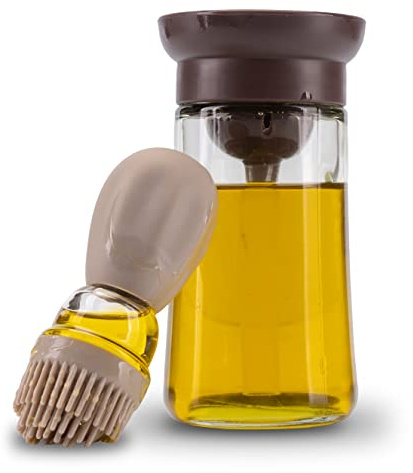 Fino Casa 2in1 Ölflasche mit Pinsel Ölspender Ölsprüher mit Silikonpinsel Glasflasche zum befüllen mit 180ml Öl oder Essig mit Backpinsel (Beige/Hellbraun)