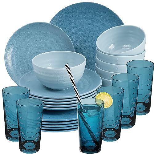 Melamin Geschirr Set 24 Teile Elegante Steingut Optik in blau mit Wasserglas 260ml blau - für 6 Personen Essgeschirr Gläser Wasserglas Tumbler Whiskey - Campinggeschirr Picknick ideal Camping Outdoor