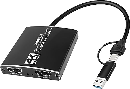 XMSJSIY Carte de capture vidéo HDMI 4K vers HDMI USB/USB C 3.0 Full HD 1080p 60 fps pour jouer à des jeux, streaming en direct, enregistrement vidéo avec PS4/PC/OBS/caméra/PC/téléphone