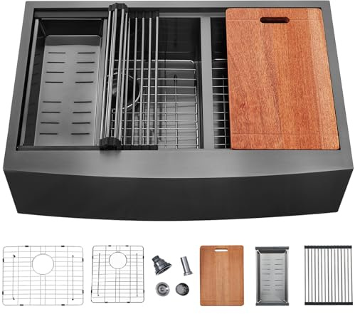 SHACO Double Bowl 60/40 Black Farmhouse Sink, 33x22 Inch Stainless Steel Apron Front Divided Double Basin Farmhouse Kitchen Sink, Gunmetal Black Farm Workstation Sink