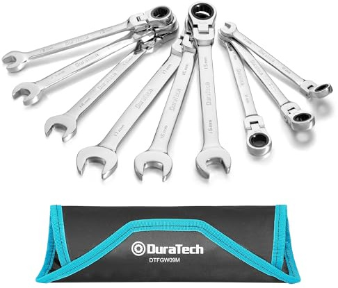 DURATECH Jeu de 9 Clés à Cliquet à Tête Flexible 8–17 mm, Clés Mixtes, 72 Dents, Acier Cr-V, Métriques, avec Pochette de Rangement