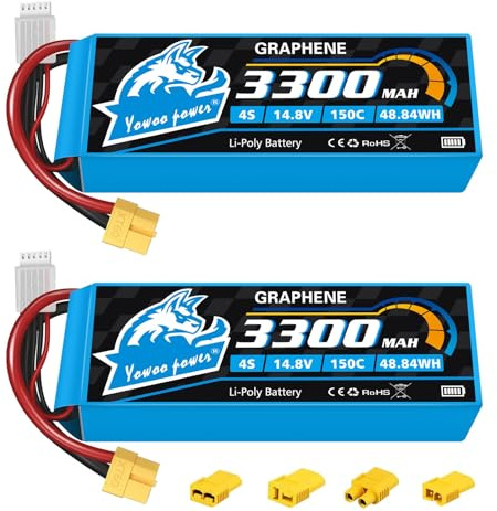 Yowoo 2 Pack 4S Lipo Akku 3300mAh 150C 14.8V Graphen RC Batterie mit XT60 Stecker für RC Auto Truck Flugzeug Heilikopter Boot RC Hobby (einschließlich EC3 / Deans/Traxxas/Tamiya Adapter)