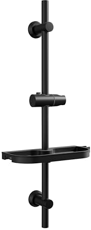 Görbach Barra de Ducha 70 CM de Acero Inoxidable, Columna Sin Grifo con Soporte de Alcachofa de Ducha 360°Giratoria y Soportes de pared, Barra Ducha con Estante Ajustable en Altura, Negro