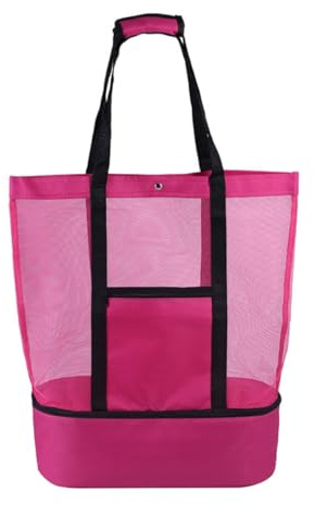 Beach Tote Bag with Detachable Cooler, Mesh Picnic Bag with Zipper for Women Men, Dry and Wet Separation Insulation Pack, Foldable Organizer Net Toy Storage Bag for Travel Camping Outdoor Picnic