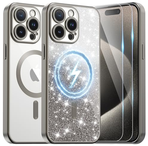 Ethanger Magnetic Case for iPhone 15 Pro Max, Titanium grey | Compatible with MagSafe, with 2 x Screen Protector, with Glitter Card and Wrist Strap, Protective Case for Women Girls