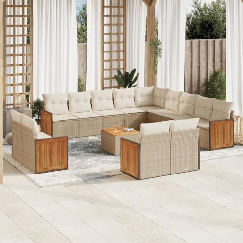 Rantry 14-TLG. Gartenmöbel Set mit Kissen Gartensofa Balkonmöbel Gartenlounge Loungesofa Sitzgruppe mit Gartentisch Rattansofa Ecksofa Ecklounge Loungemöbel Beige Poly Rattan