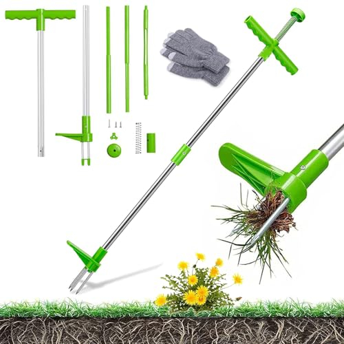 Unkrautstecher mit Stiel,Effizientes Unkraut Entferner Gerät,Stehen löwenzahnstecher,mit 3 Stahlzähne und Pedale,Distelstecher für Entfernen von Unkraut,kein Bücken Nötig,Ideales Werkzeug im Garten
