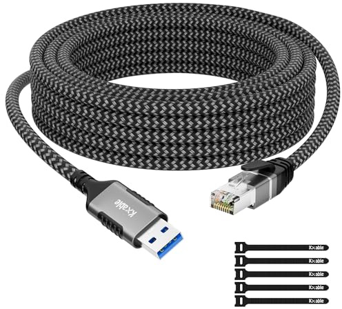 USB to Ethernet Cable 2 FT, USB 3.0 A Male to RJ45 Male Cord, Directly Connected, Aluminum Portable Gigabit LAN Network Cable for Laptop, PC, Switch, More, Braided With 5 Pcs Ties