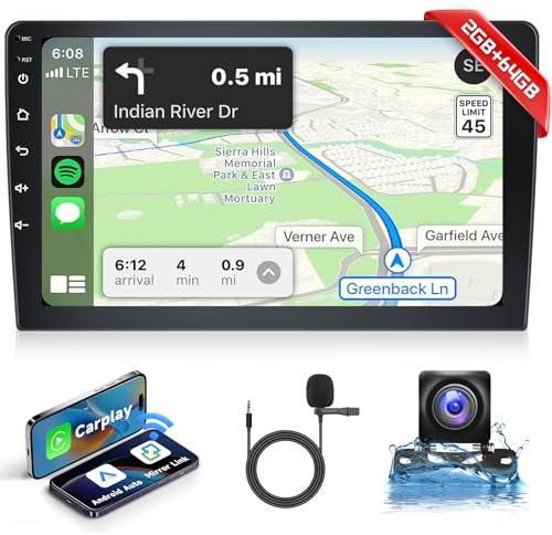 Hodozzy Autoradio Android 2GB+64GB Écran Tactile 10,1 Pouces Navigation GPS Double Din sans Fil Carplay Android Auto, Lien Miroir, Poste Radio Voiture 2 Din Bluetooth DSP, WiFi, FM RDS, avec Caméra